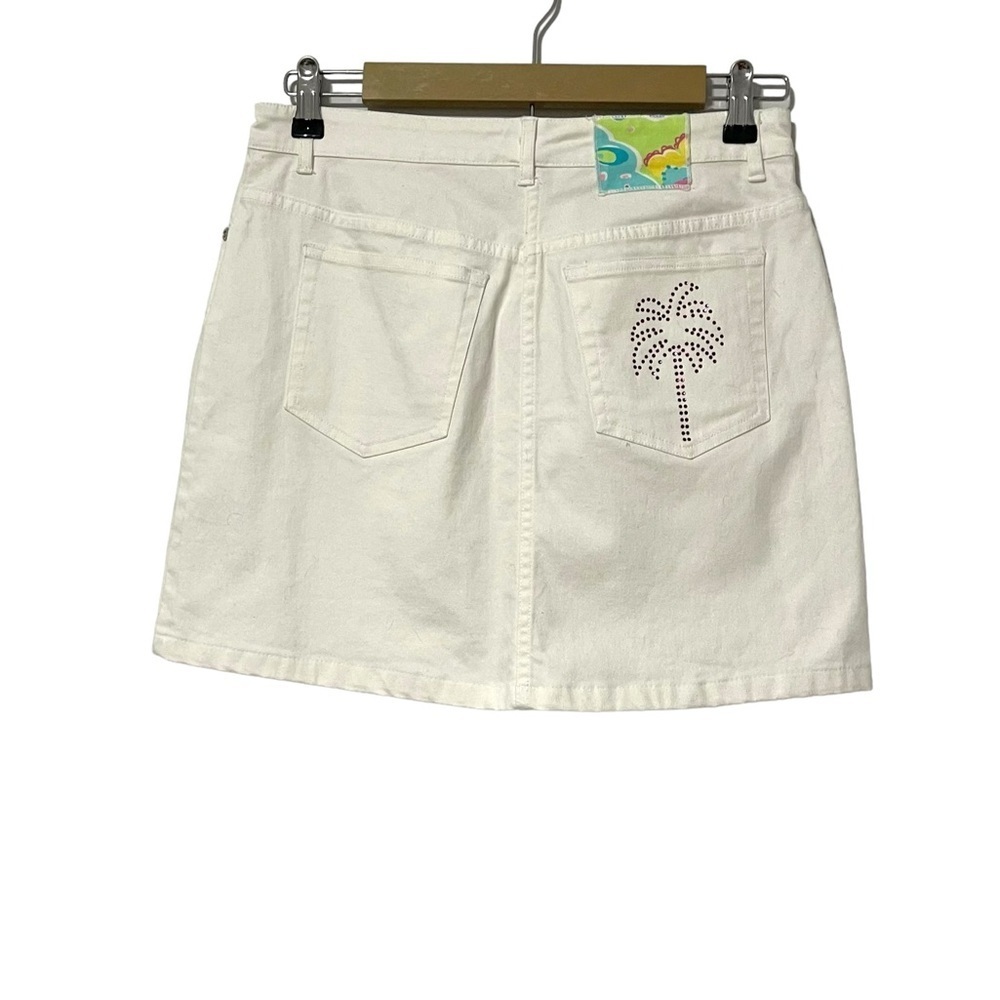 Vintage Lilly Pulitzer Y2K RARE White Denim Palm Tree Badazzled Mini Skirt Sz‎ 2